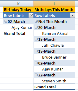 birthday reminder in excel