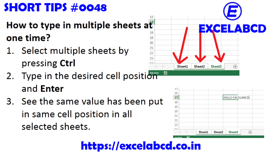 Short Tips#0048: How to type in multiple sheets at one time | Excelabcd