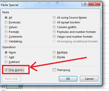 Paste Special with skip blanks in Excel