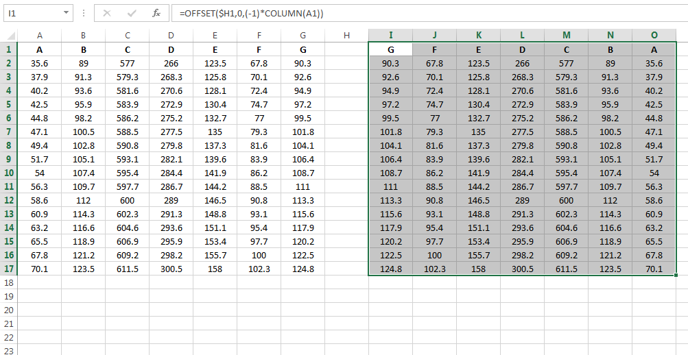 mirror of a excel table