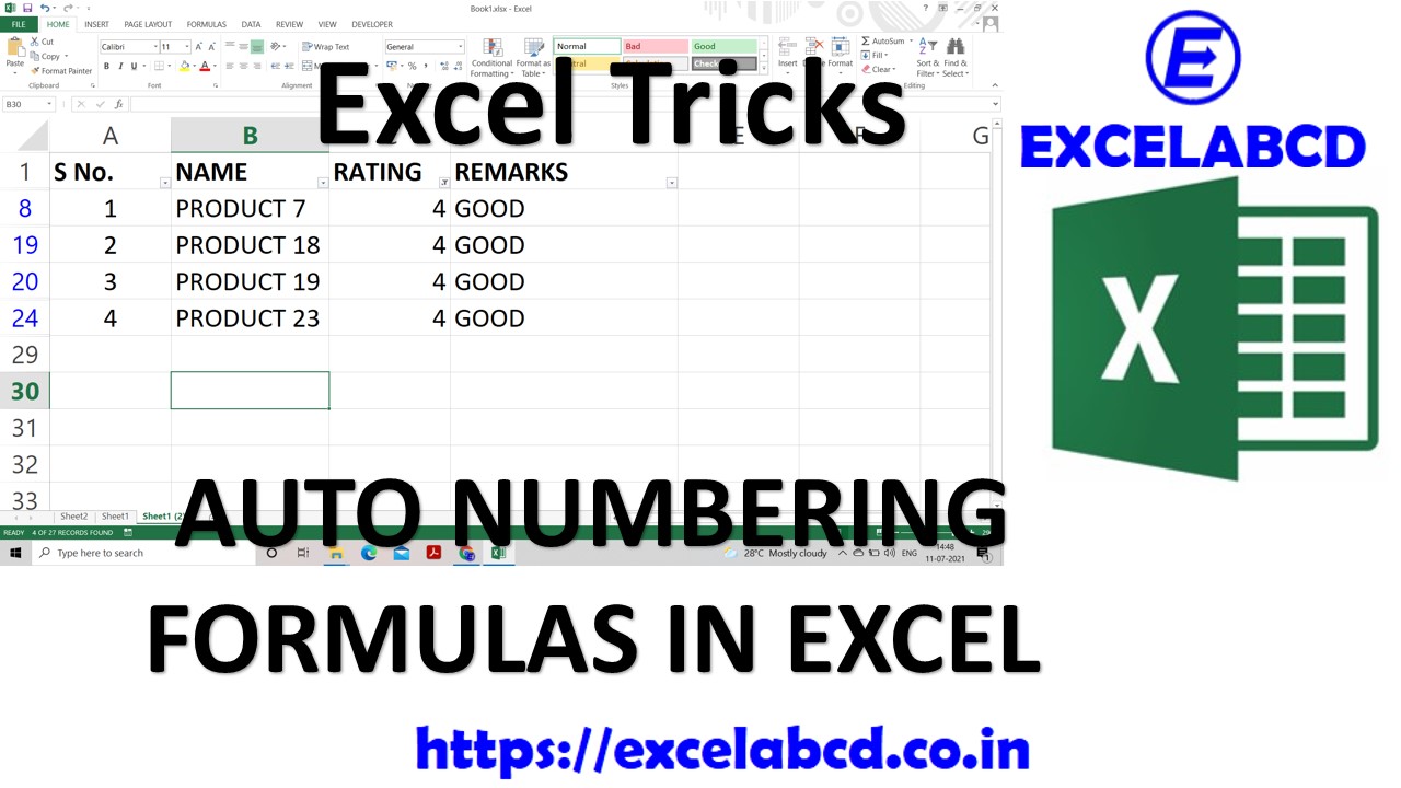 Video Published: Auto numbering formula in Excel | Excel tricks and tips 2021 | Excelabcd