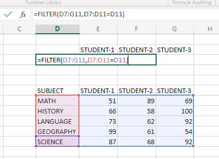 Excel filter function