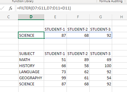 Excel filter function