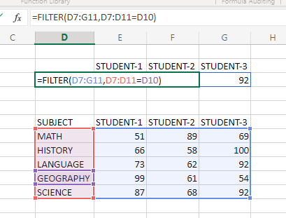 Excel filter function