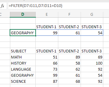 Excel filter function