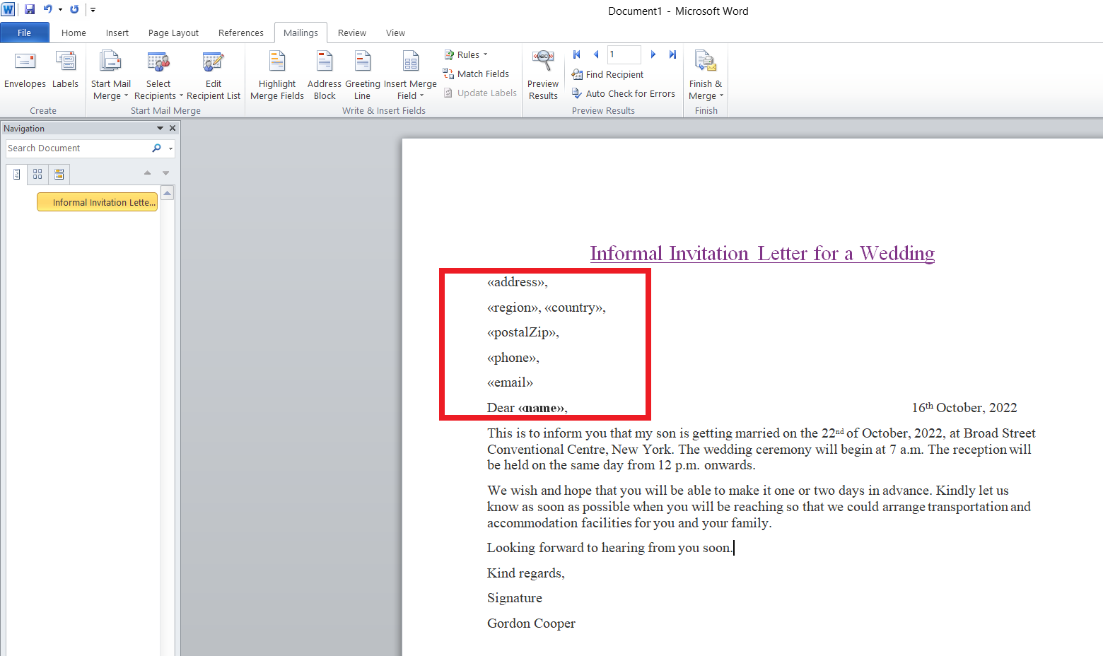 mail merge in word from excel