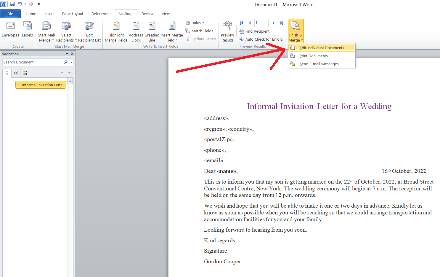 mail merge in word from excel